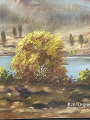 Burl Chalmers Oil on Board Snow Peak Mountain River Landscape Painting Signed