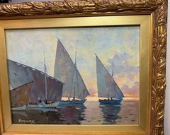 Vintage original Evgeny Expressionism nautical sail boat oil painting on canvas