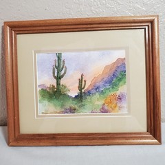 Original Watercolor Painting Arizona Landscape Saguaro Cactus And Mountains