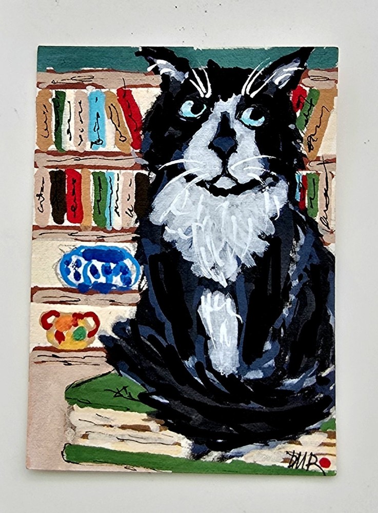 Original ACEO BlackWhite Cat Library Books Whimsical Maria Rico“HAMLET“