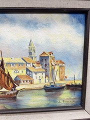 Vintage Pattern Framed Matted Harbor Scene Boats Water Oil Painting Signed Bryce