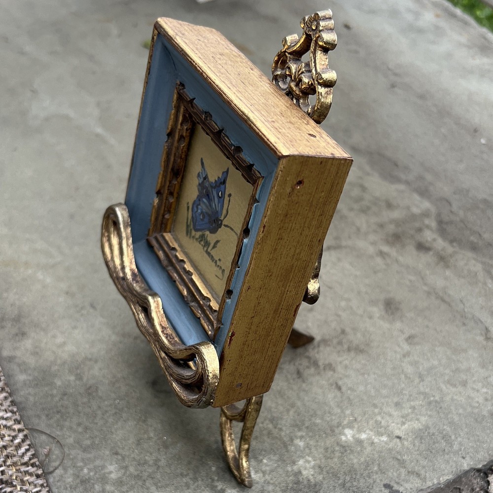 Vintage Gold Miniature Framed butterfly Painting On Gold metal Easel