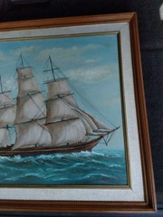 Vintage Original Oil Painting Clipper Ship Tall Sails Nautical Framed 16×20