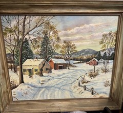 Vintage Original Oil Painting Winter Barn Landscape Snow 33”/34” Signed 1958