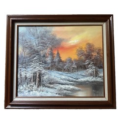 VTG Original Oil Painting Framed 29.5×25.5 Inch Canvas Winter Landscape Sunset