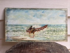 Vtg Folk Nautical Oil on Board Lifeboat in Surf – Crew in Oilskins & Souwesters