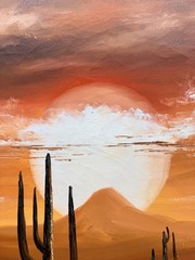 Vintage MCM Southwest Sunset w/ Desert Cactus Signed Framed Art Painting