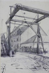 GERRY MILLER – „Drawbridge“. Reed Pen and Watercolour Painting on Paper.25x39cm