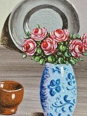 Still Life Realism Painting Pewter Plate Blue Vase Roses Terra Cotta Pot