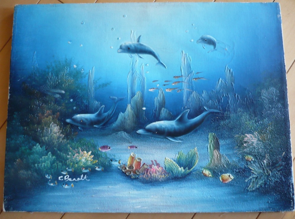 C. BENOLT, TROPICAL FISH DOLPHINS OCEAN INTERIOR CORAL SEASCAPE VINTAGE OIL ART