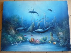 C. BENOLT, TROPICAL FISH DOLPHINS OCEAN INTERIOR CORAL SEASCAPE VINTAGE OIL ART