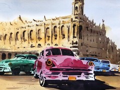 Watercolor Havana Cuba Painting Landscapes Impressionism Old Car Chevrolette