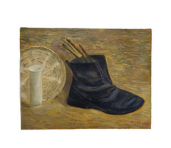 Vintage Still Life Oil Painting Vintage Boot Paint Brushes Wall Art Signed