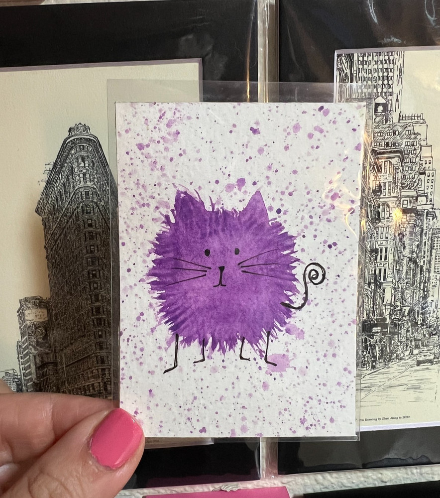 ACEO Original, Abstract Cat, Purple Cat ACEO, Mini painting
