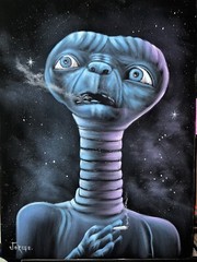 E.T. the Extra-Terrestrial smoking Alien black velvet oil painting Signed Art