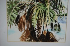 Vintage 1997 Framed Signed Diane Lary Watercolor Painting „Flamingo Palm“ 8X11