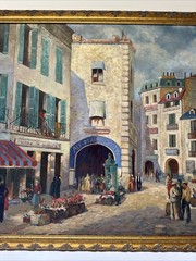 Paris France Painting French Large Oil Street Scene City Life Greenwood Vintage
