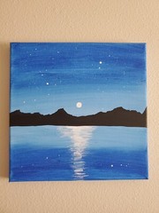 Handmade Acrylic Painting Wooden Frame 10×10 Art Decor Night Mountains Moon Lake