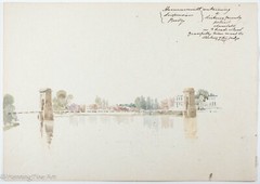 Antique English Watercolor Hammersmith Bridge over Thames River, C. 1830