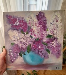 lilac original oil painting, bouquet of lilac in vase art, flower painting art