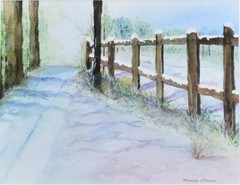 Pastoral Winter Country Road Painting Wall Art, Signed Original Watercolor