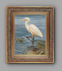 Framed Oil Painting, White Heron Portrait– Wall Art, Korean Artist Signed