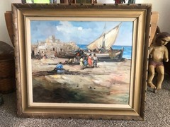 Vintage Oil Painting FRANCISCO RODRIGUEZ SAN CLEMENTE Boat Gypsy Scene 37×32