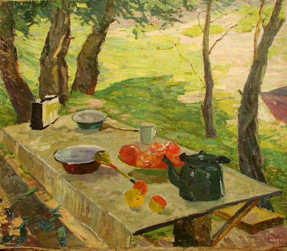 Ukrainian Soviet Oil Painting impressionism Still Life receiver kettle sunny day
