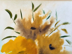 VINTAGE WATERCOLOR PAINTING SIGNED MAXINE GOLDEN YELLOW ORANGE FLOWERS FLORAL