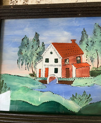 Vintage Painting on Glass Red & White House on Blue Stream with Trees 13″ x 11″