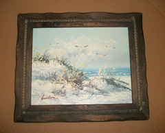 SIGNED GORDON OIL PAINTING ON WOOD COASTAL BEACH SCENE SEAGULLS RUSTIC FRAME