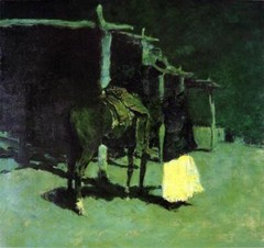 Oil painting Frederic-Remington-Waiting-in-the-Moonlight horse in landscape art