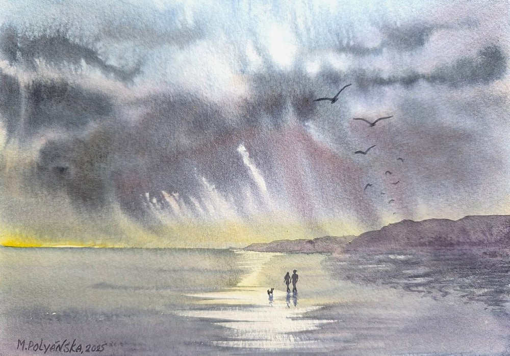 CLOUDY SKY DOG LOVE SEA Original Artwork Painting Landscape Art Seascape Gift A5