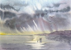 CLOUDY SKY DOG LOVE SEA Original Artwork Painting Landscape Art Seascape Gift A5