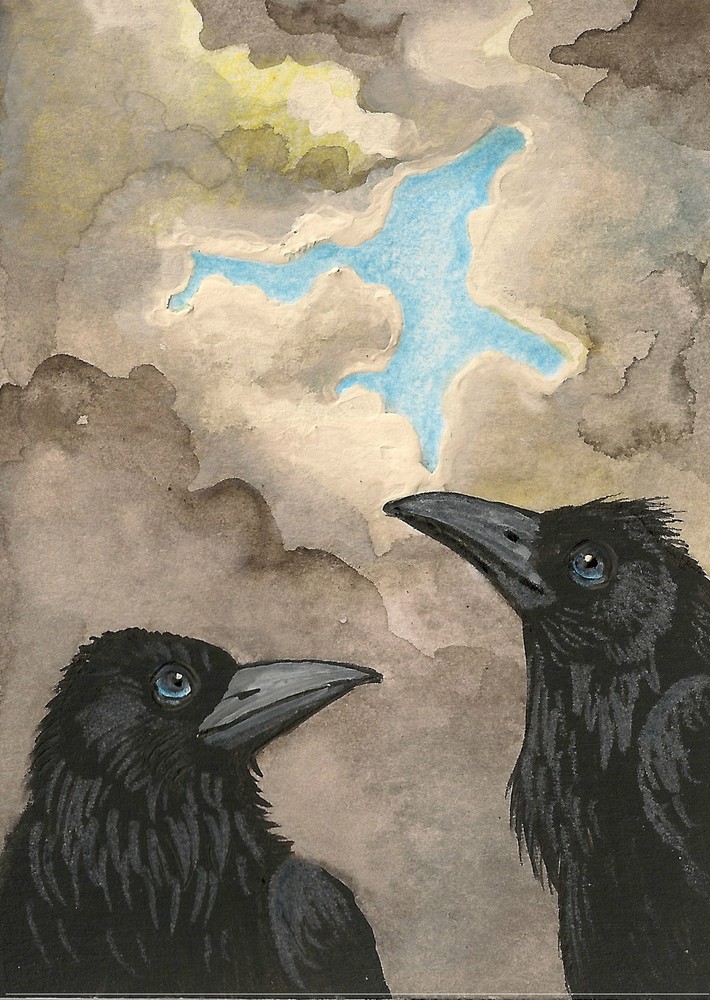 PRINT OF ACEO PAINTING ART RYTA CROW RAVEN HOPE GOTHIC MEDITATION CLOUDS SPRING