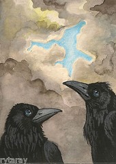 PRINT OF ACEO PAINTING ART RYTA CROW RAVEN HOPE GOTHIC MEDITATION CLOUDS SPRING