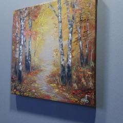 Autumn Forest Path Oil Painting Original Birch Trees Woodland Wall Art Decor 8×8