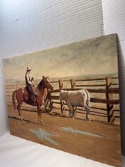 Original Oil Painting on Hardboard Panel Signed Ray Hampton Western Cowboy Scene