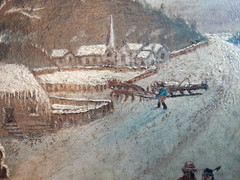 ANTIQUE AMERICAN INDIANS LANDSCAPE OIL PAINTING ON CANVAS 1850s NEW YORK STATE