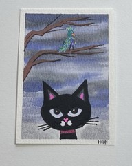 ACEO Original Hand Painting Watercolor And Acrylic Art Card Cat With A Bird