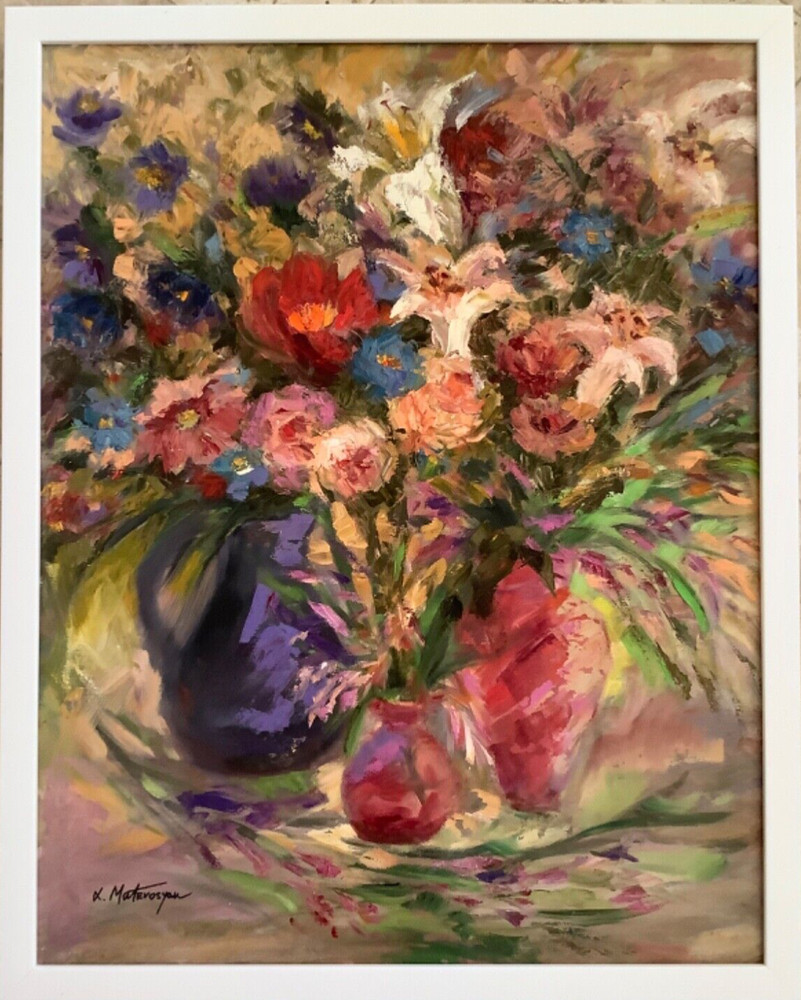 Original Framed Oil Painting 28”x22 Floral Still Life Artist Signed