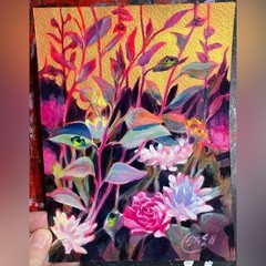 ORIGINAL Ladybugs Floral Painting Vibrant Flower art garden decor Gold ascents