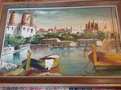 Vintage Original Signed Oil Painting Docked Boats Marina 27.25″ X 18.25″ GC