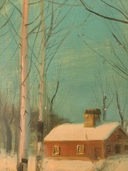 Svend R. Svendsen Antique 1920’s Oil Painting Winter Landscape Cabin Birch Trees