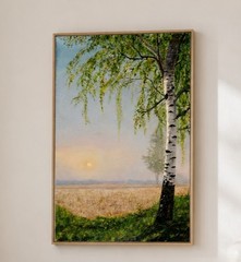 Original Oil Landscape Painting Birch Tree Meadow Sunset Nature Wall Art Canvas