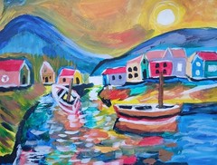 IMPRESSIONISM SeaSide Town 11 x 14 Handmade Signed Colorful ART Painting