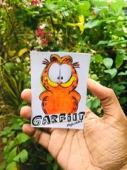 ACEO ORIGINAL ART CARD CARTOON GARFIELD BROWN HAND ANIMAL PET COLORED PENCILS