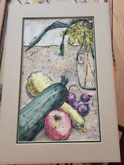 Vtg Watercolor painting still life Fruit Vegetables Floral Signed Acklin