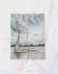 ORIGINAL Oil Painting Fine Art Impressionism Lake River Two Boats 6″ x 8″