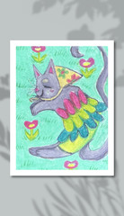 ACEO Bright + Graphic Black Kitty Chalk Pastel Illustrative Art Card by Midwest